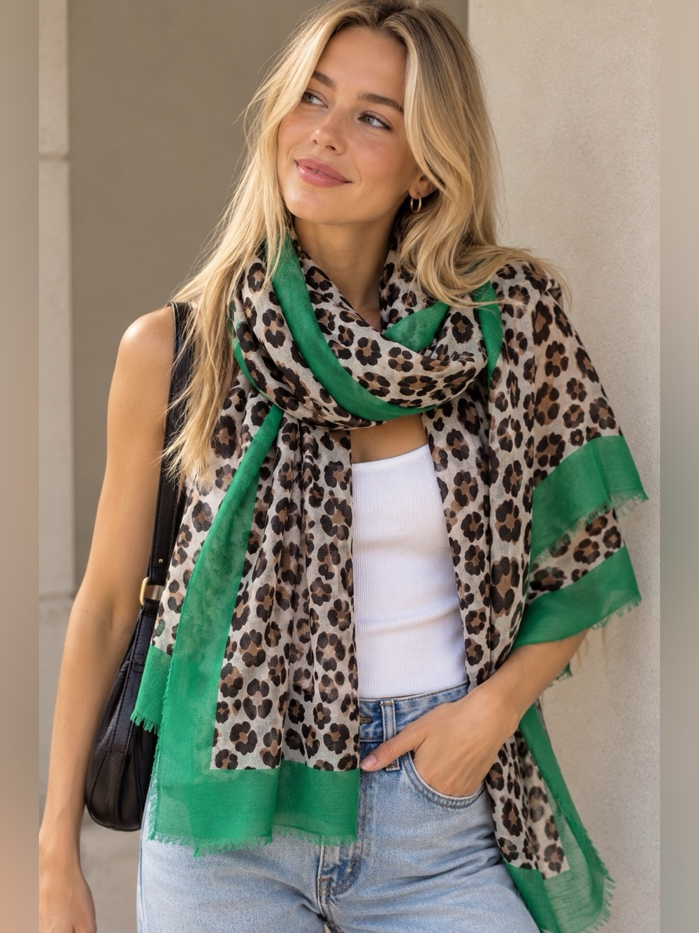 POLOGARAGE Leopard Print Oversized Scarf Shawl Green Border Lightweight